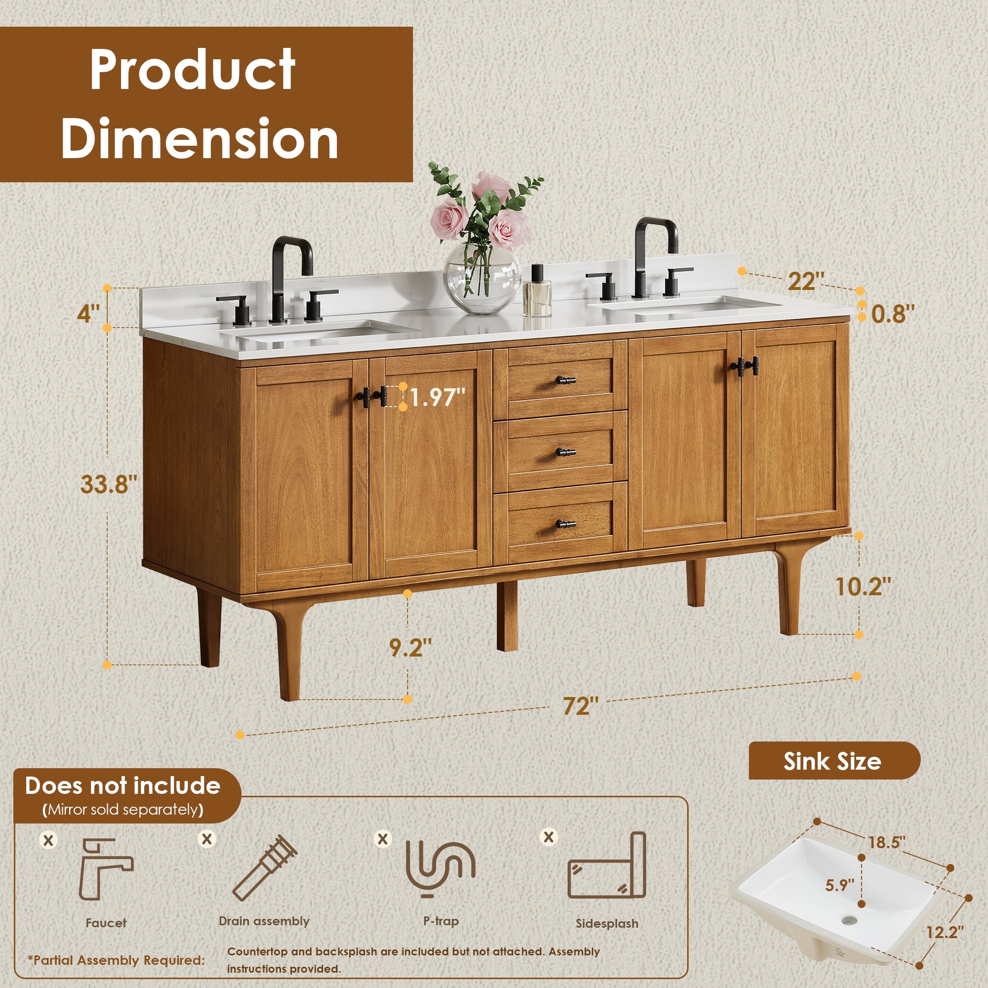 Altair Orasia 72" Double Bathroom Vanity in Mango Brown with Calacatta Mist White Quartz Countertop without Mirror - 595072-MB-CMQ-NM