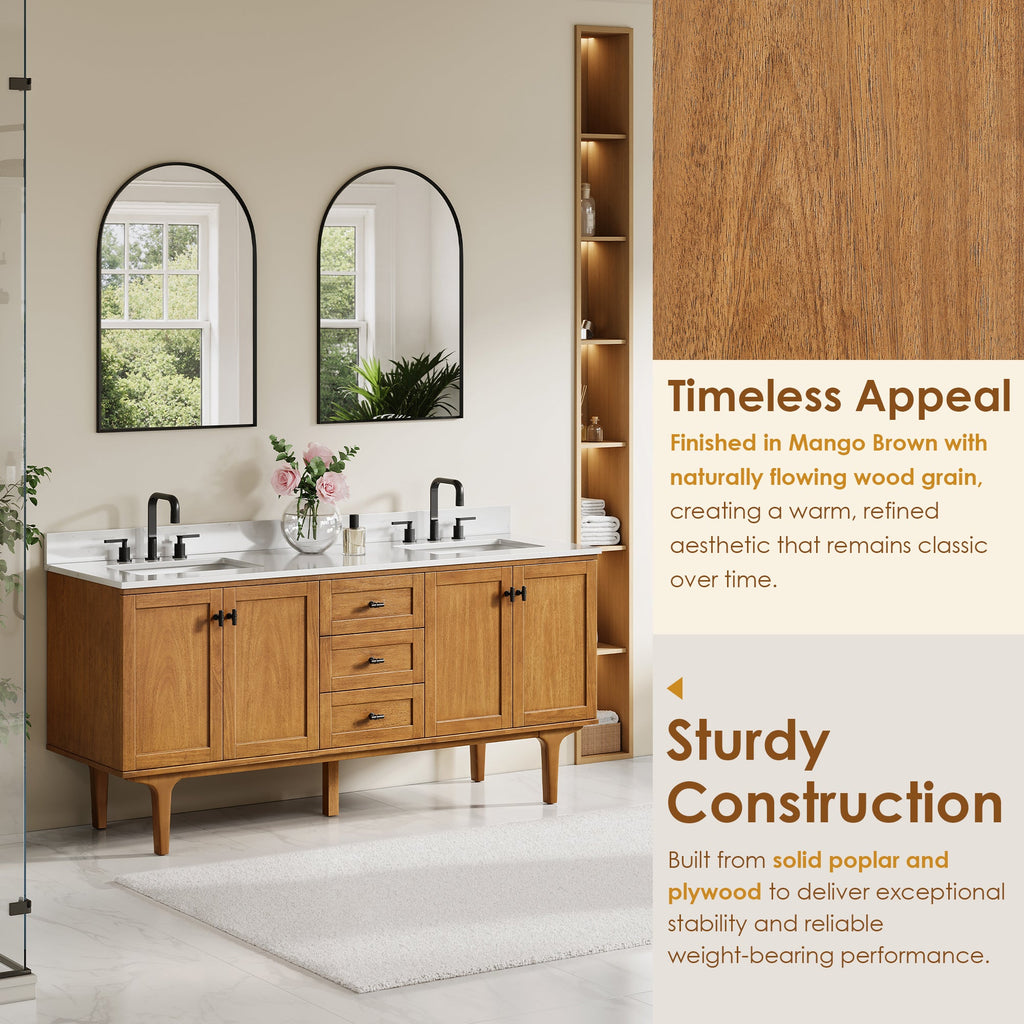 Altair Orasia 72" Double Bathroom Vanity in Mango Brown with Calacatta Mist White Quartz Countertop without Mirror - 595072-MB-CMQ-NM