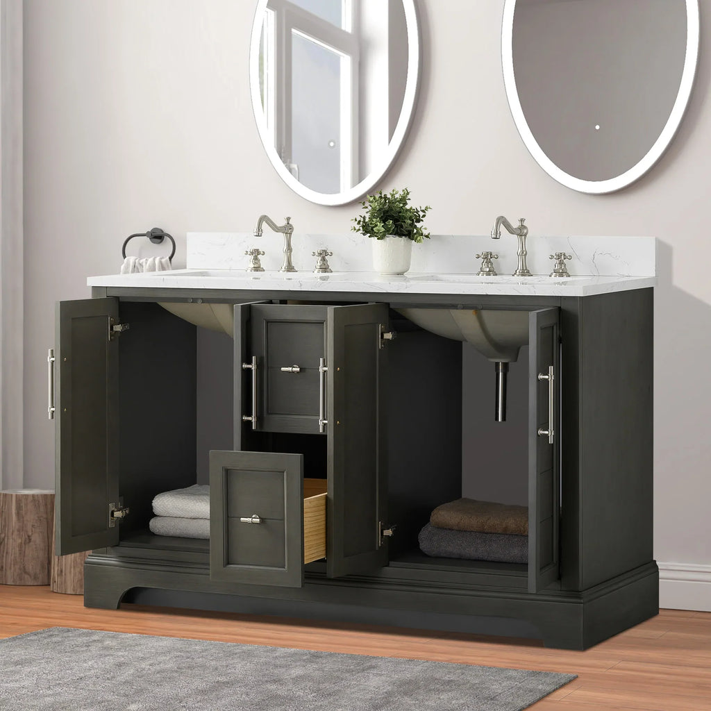 Vanity Art 54-Inch54 in. W x 22 in. D x 34.5 in. H Double Sink Freestanding Bathroom Vanity with Engineered Marble Top - VA5054