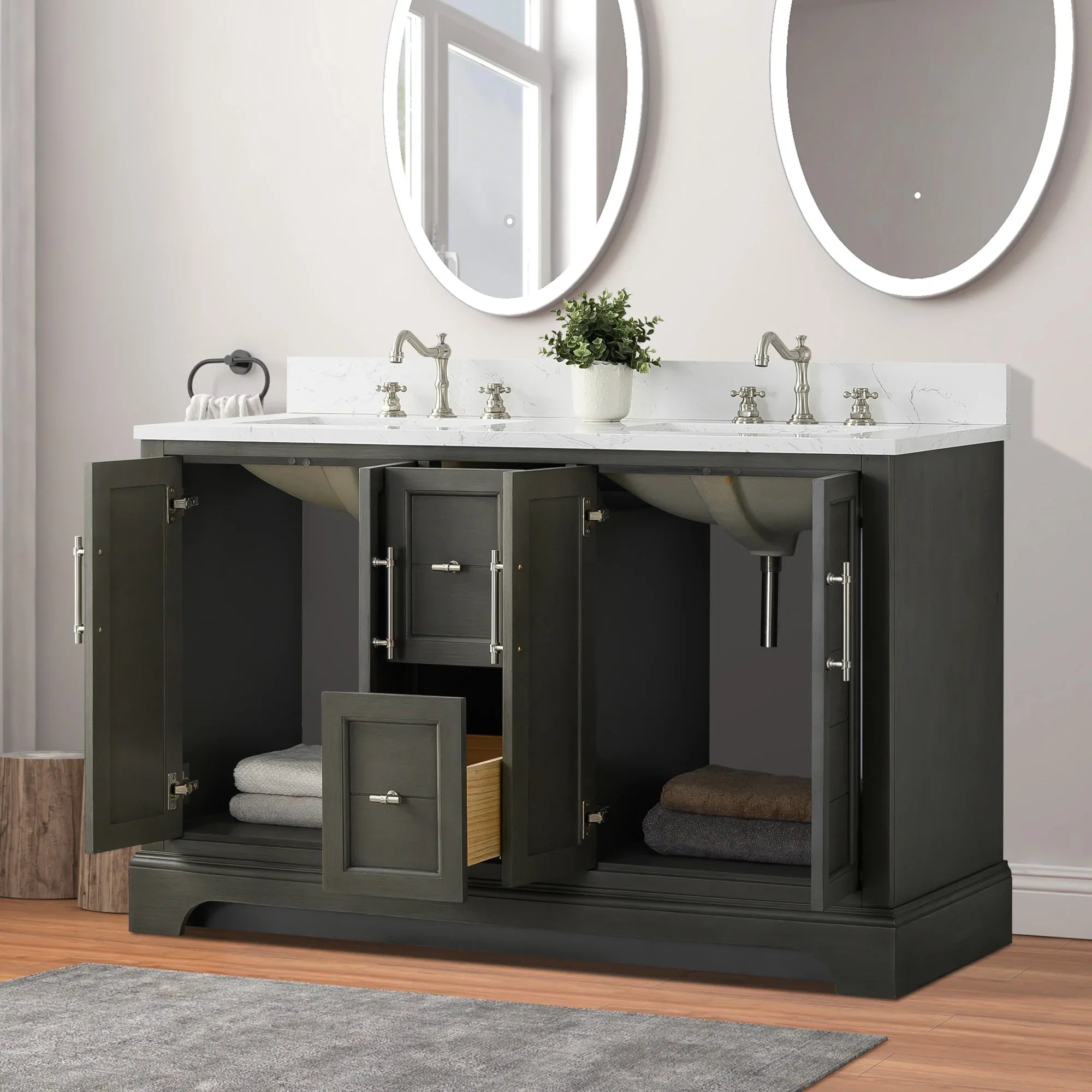 Vanity Art 54-Inch54 in. W x 22 in. D x 34.5 in. H Double Sink Freestanding Bathroom Vanity with Engineered Marble Top - VA5054
