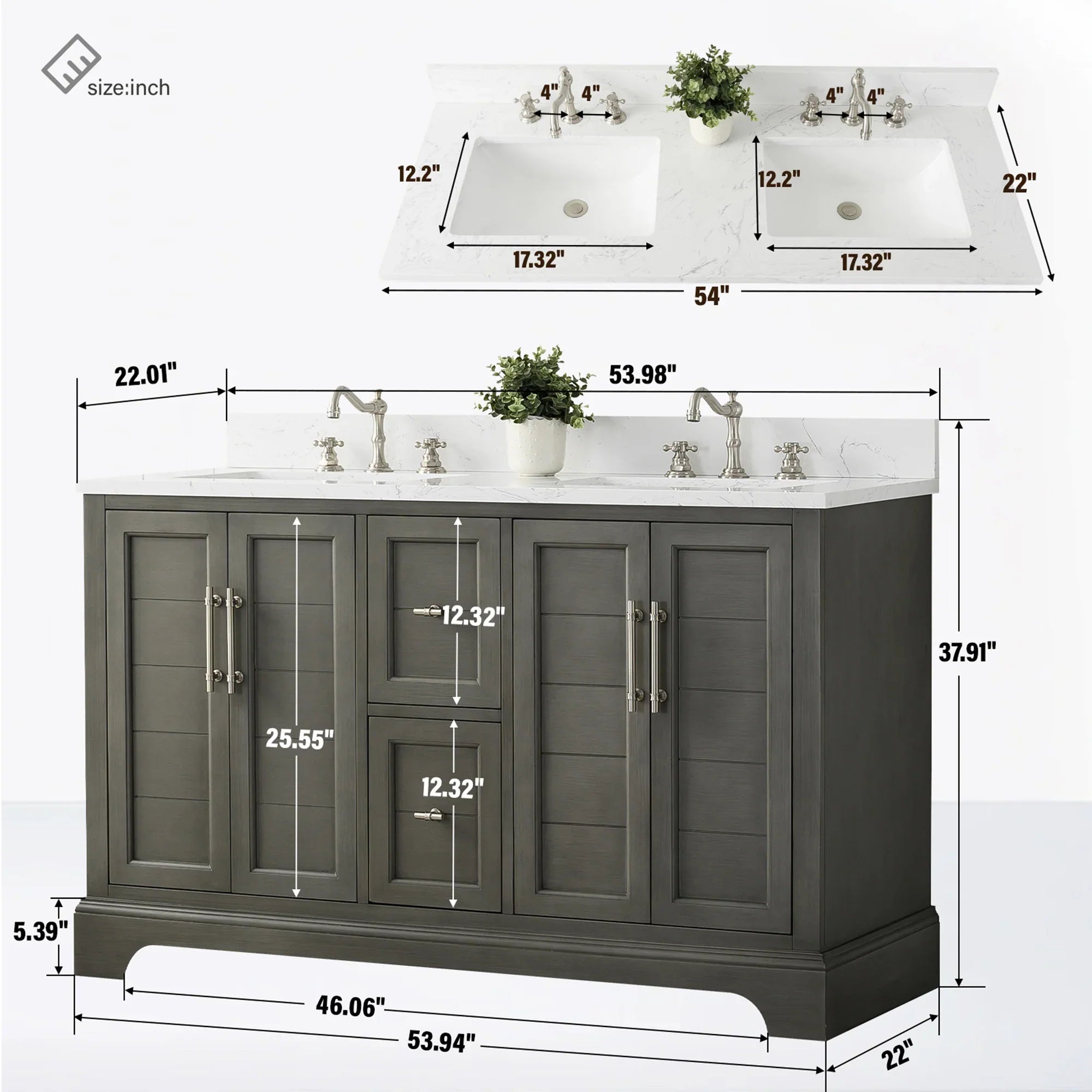 Vanity Art 54-Inch54 in. W x 22 in. D x 34.5 in. H Double Sink Freestanding Bathroom Vanity with Engineered Marble Top - VA5054